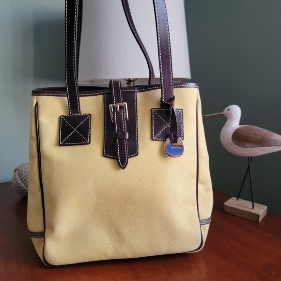 Vintage Dooney & Bourke Yellow Canvas Twill Shopper Tote Bag Brown Leather Purse - Picture 1 of 14